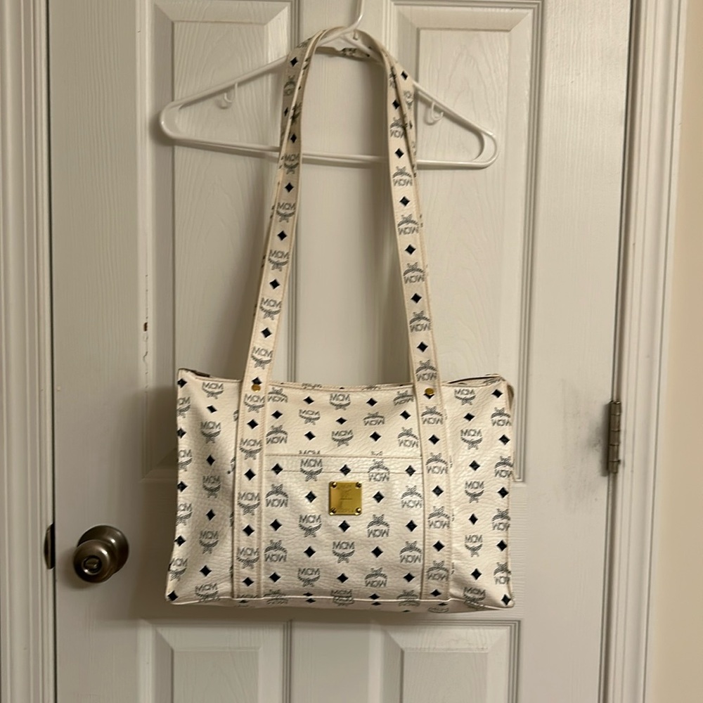 White MCM Visetos Leather Munchen Tote Full Zipper Handmade in Germany 2275A - Picture 3 of 16